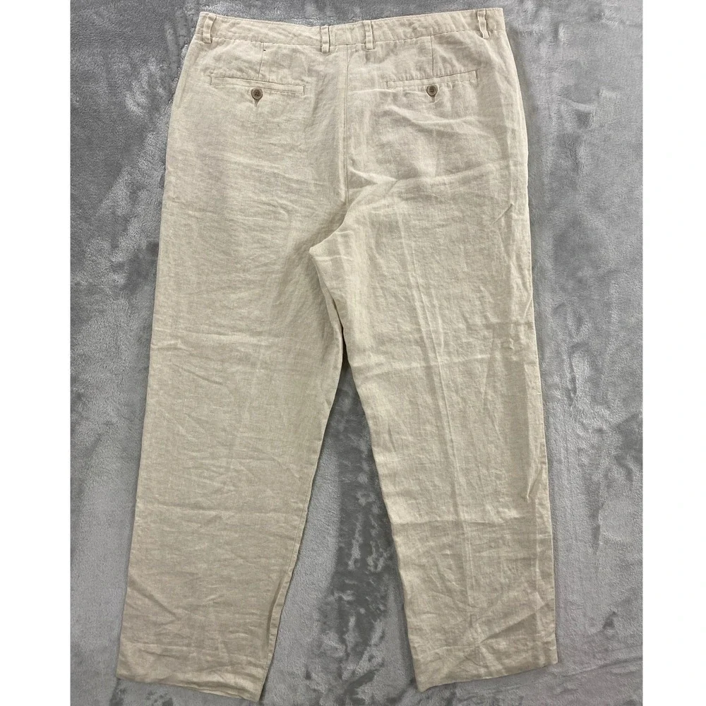 Tasso Elba 100% Linen Trousers Mens 34x32 Beige Flat Front Summer Beach Pants